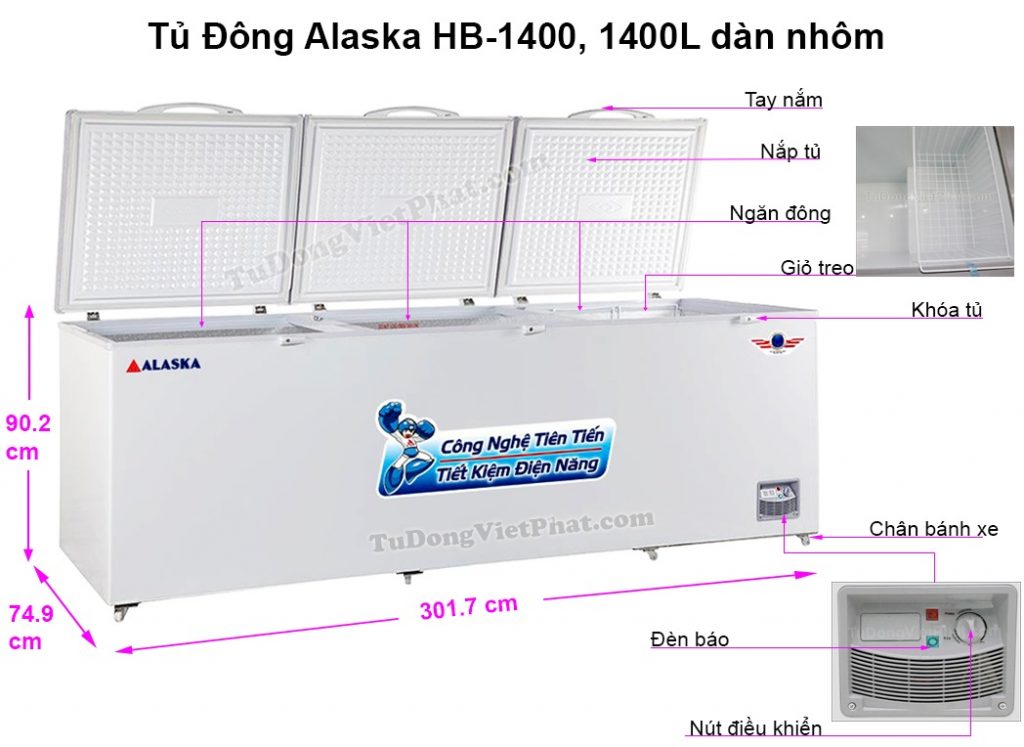Kích thước tủ đông Alaska HB-1400
