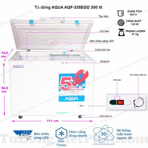 Kích thước tủ đông Aqua AQF-335EGD 300 lít