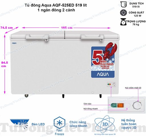 Kích thước tủ đông Aqua AQF-525ED