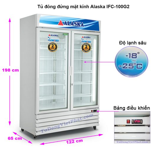 Kích thước tủ đông đứng mặt kính Alaska IFC-100G2