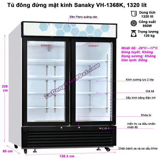 Kích thước tủ đông đứng mặt kính Sanaky VH-1368K, 1320 lít