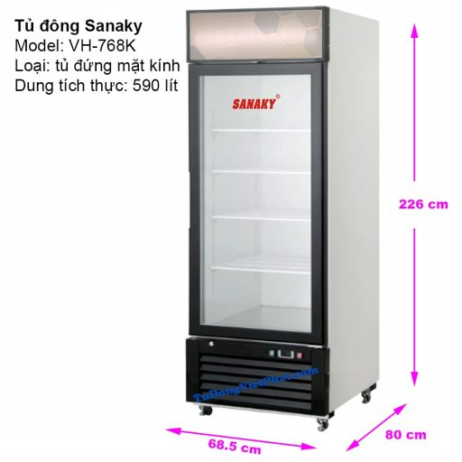 Kích thước tủ đông đứng mặt kính Sanaky VH-768K