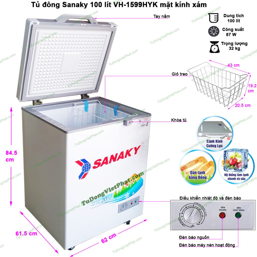 Kích thước tủ đông mini Sanaky 100l VH-1599HYK