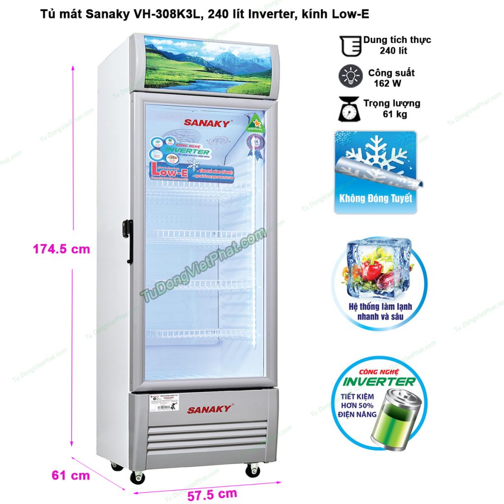 Kích thước tủ mát Sanaky VH-308K3L, 240 lít Inverter công nghệ Low-E