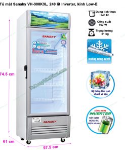 Kích thước tủ mát Sanaky VH-308K3L, 240 lít Inverter công nghệ Low-E