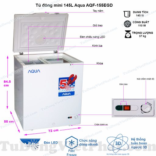 Kích thước tủ đông mini Aqua AQF-155EGD 145 lít