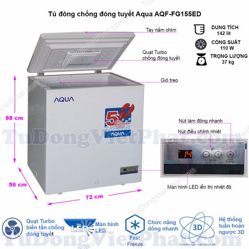 Kích thước tủ đông mini không đóng tuyết Aqua AQF-FG155ED
