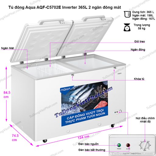 Kích thước tủ đông AQUA AQF-C5702E Inverter 365L 2 ngăn