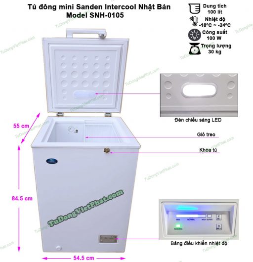 Kích thước tủ đông mini Sanden Intercool SNH-0105 100 lít