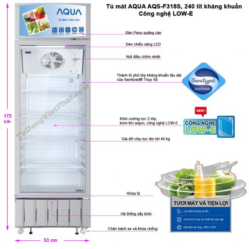 Kích thước tủ mát AQUA AQS-F318S, 240 lít kháng khuẩn LOW-E