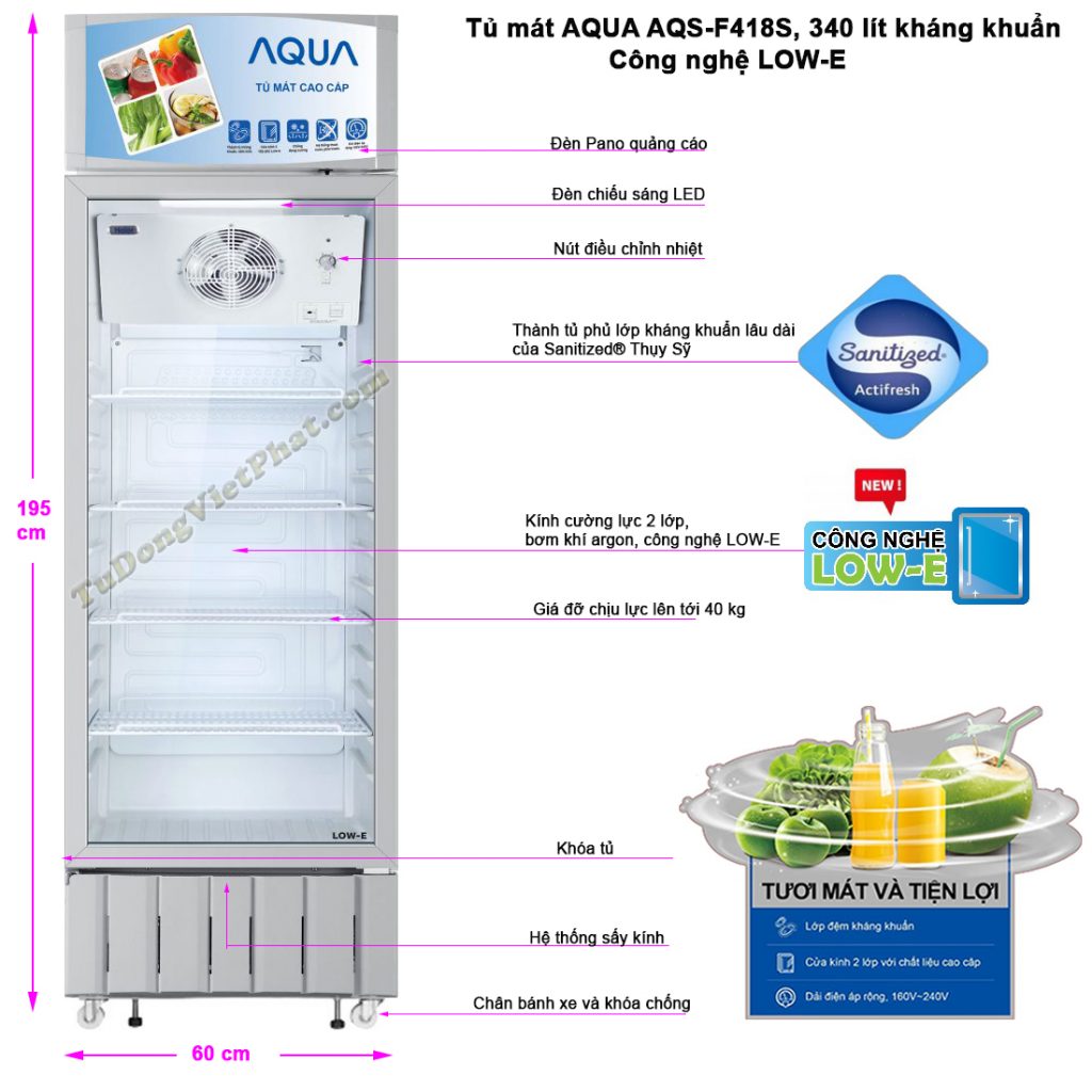 Kích thước tủ mát AQUA AQS-F418S, 340 lít kháng khuẩn LOW-E
