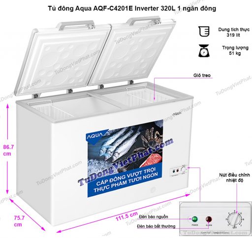 Kích thước tủ đông Aqua AQF-C4201E Inverter 320L 1 ngăn đông