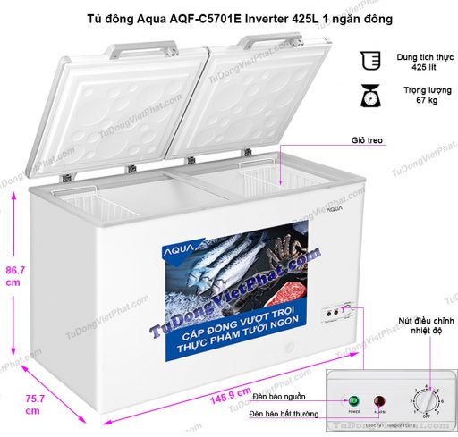 Kích thước tủ đông AQUA AQF-C5701E Inverter 425L 1 ngăn đông