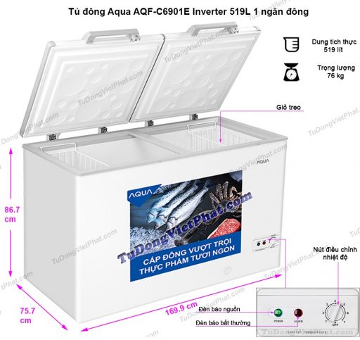 Kích thước tủ đông AQUA AQF-C6901E Inverter 519L 1 ngăn đông