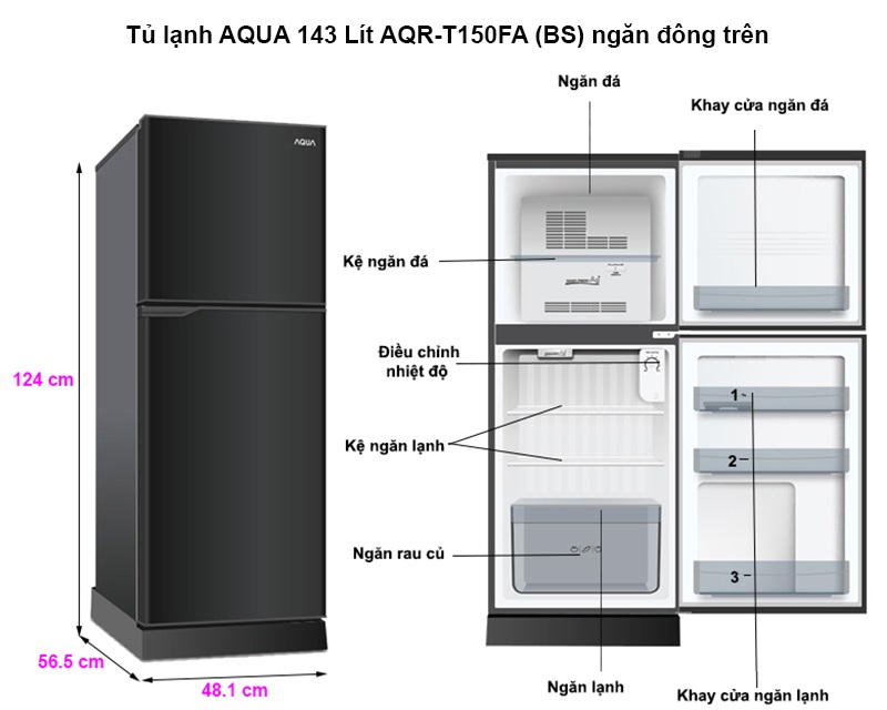 Tủ lạnh AQUA 143 Lít AQR-T150FA (BS) ngăn đông trên Chính hãng giá rẻ