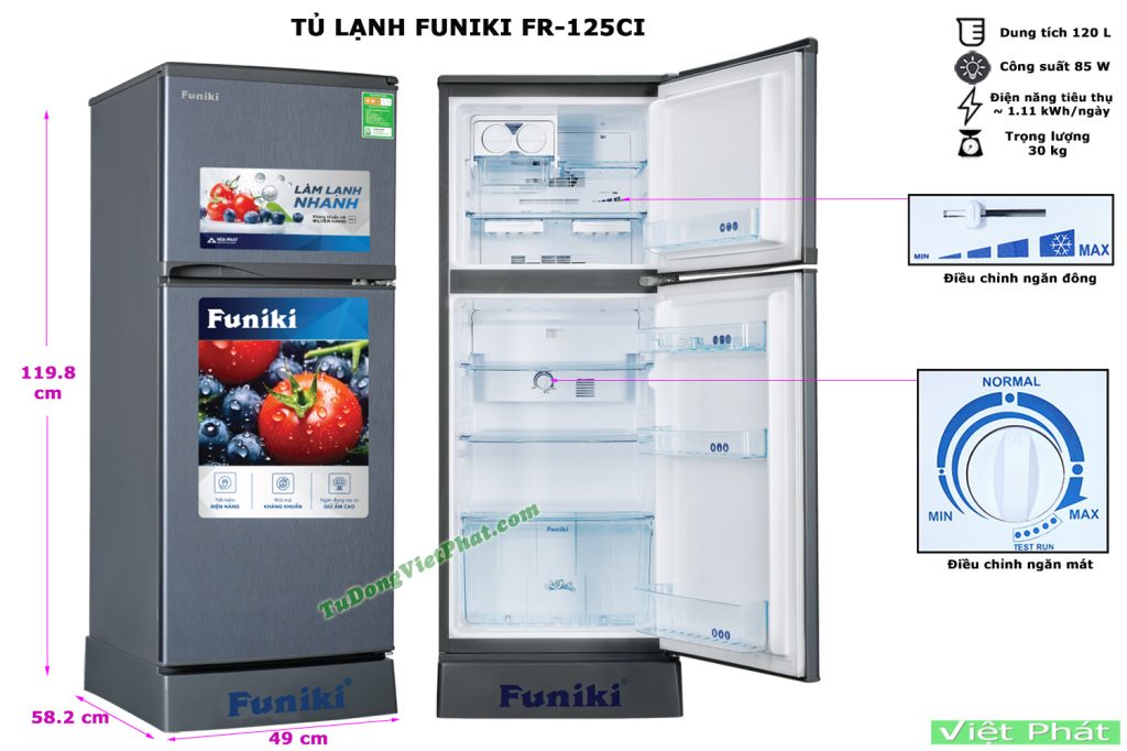 Kích thước tủ lạnh Funiki FR-125CI tủ mini 2 cánh 125 lít không đóng tuyết