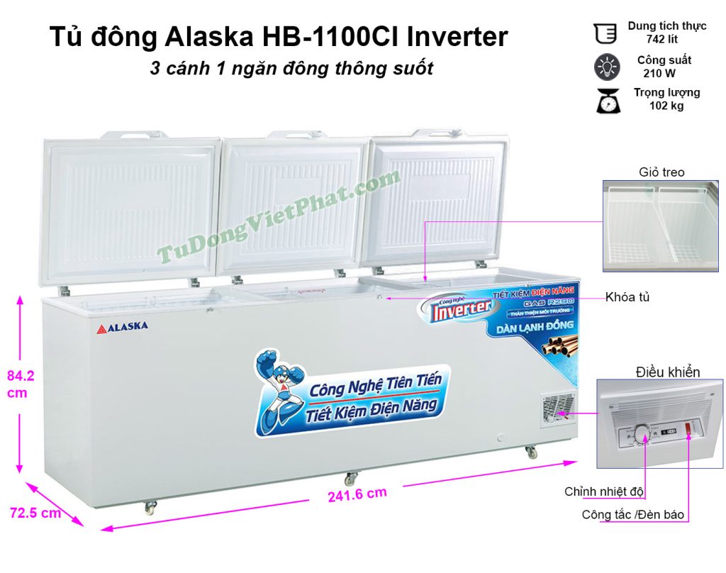 Kích thước tủ đông Alaska HB-1100CI Inverter 1 ngăn đông 3 cánh