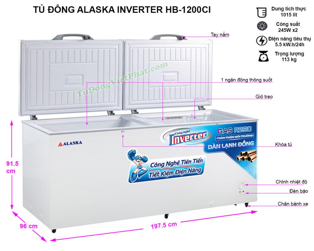Kích thước tủ đông Alaska HB-1200CI Inverter