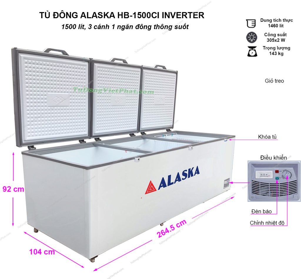 Kích thước tủ đông Alaska HB-1500CI Inverter
