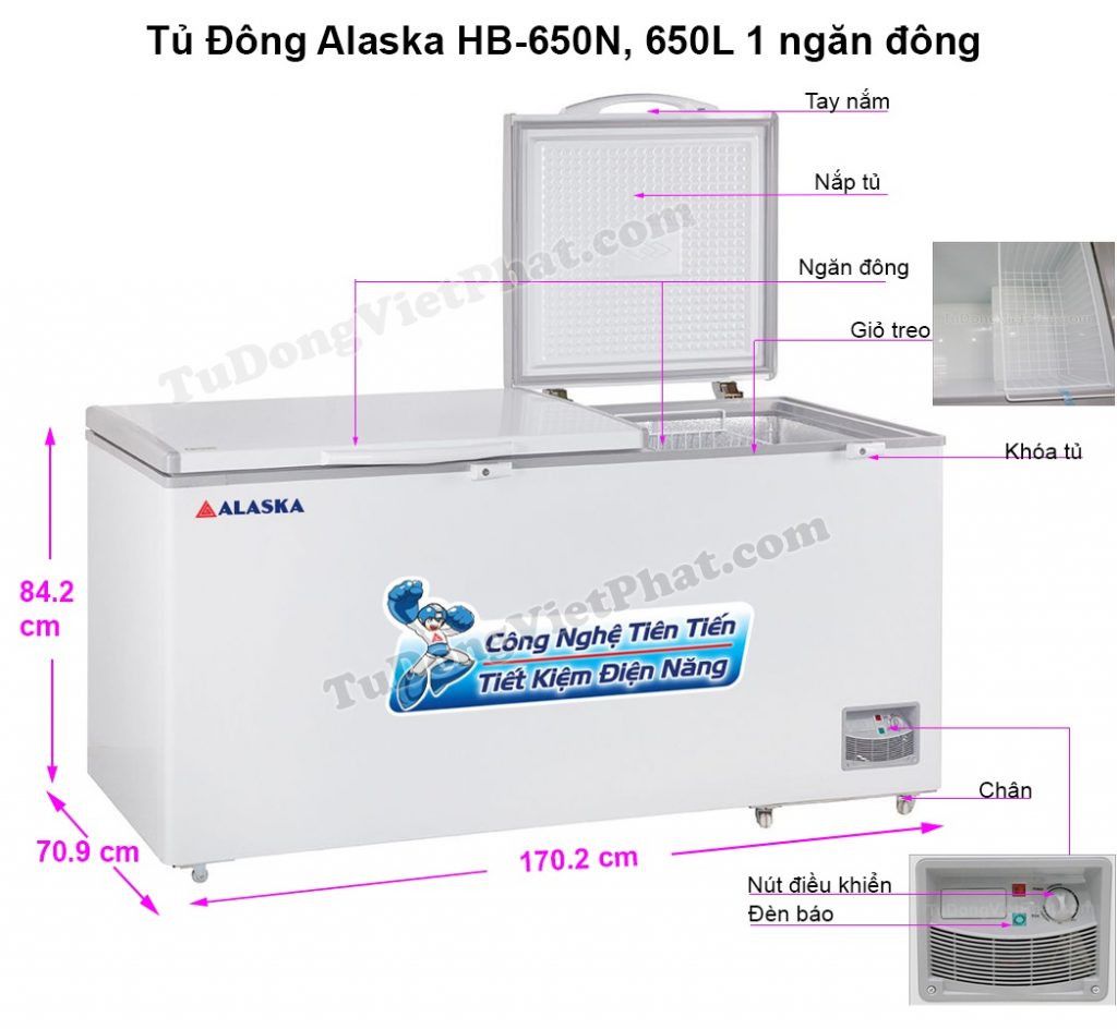 Kích thước tủ đông Alaska HB-650N 650L 1 ngăn đông