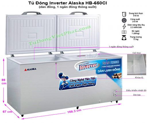 Kích thước tủ đông Alaska HB-650CI 650L Inverter