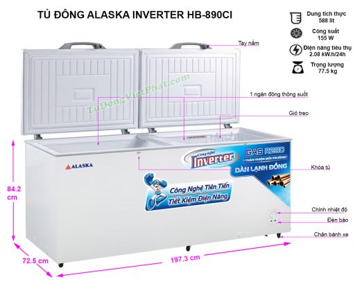 Kích thước tủ đông Alaska HB-890CI
