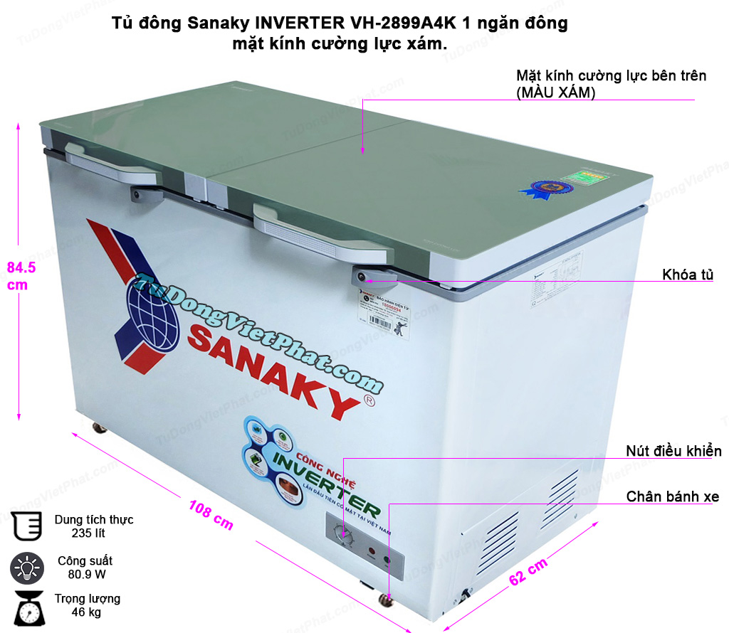 Kích thước tủ đông Sanaky INVERTER VH-2899A4K