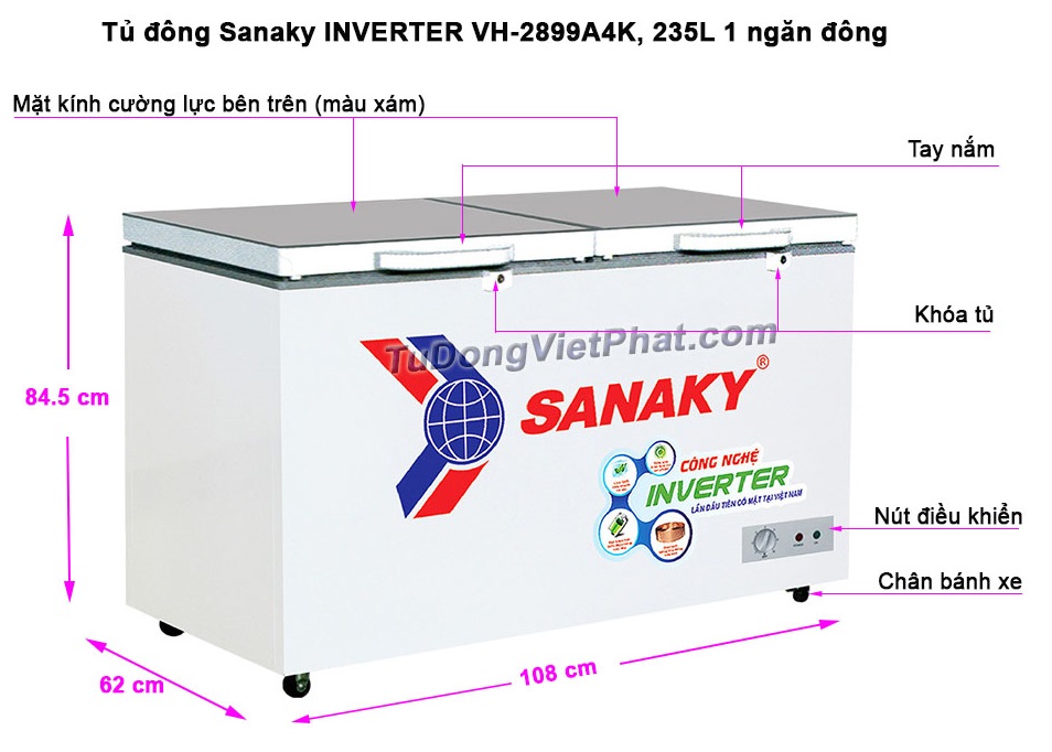 Kích thước tủ đông Sanaky INVERTER VH-2899A4K