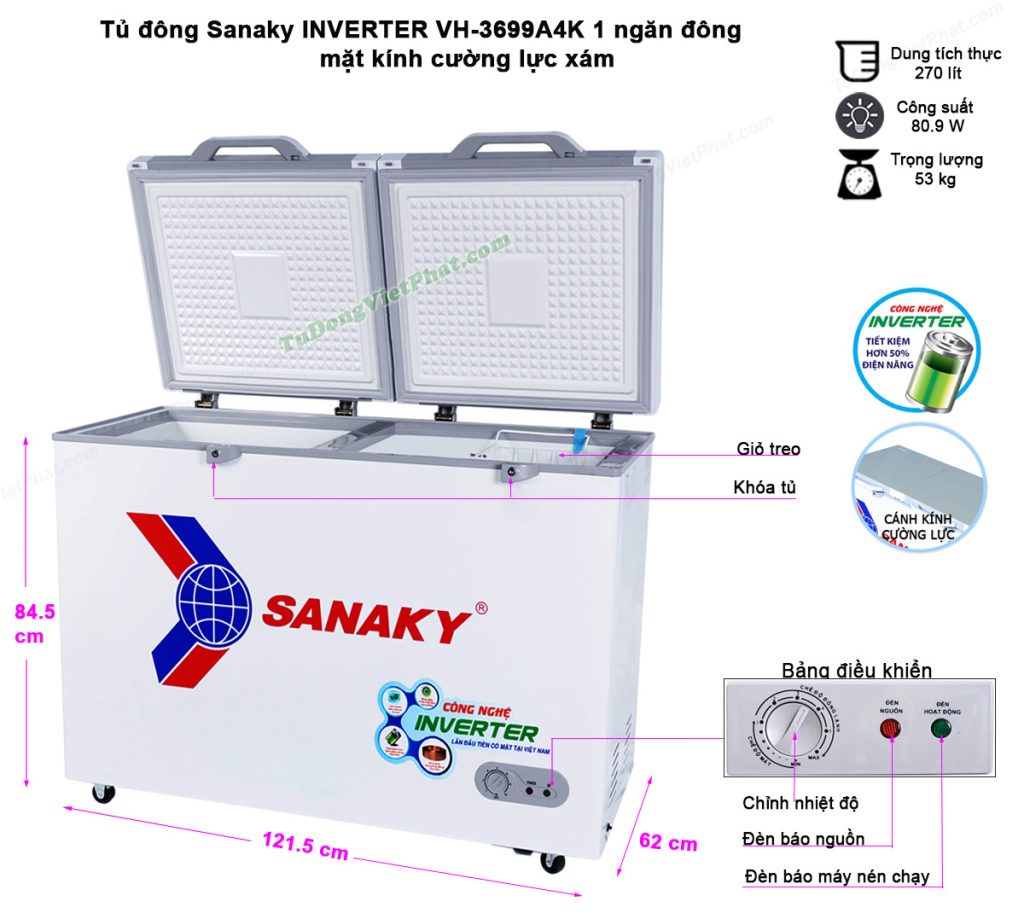 Kích thước tủ đông Sanaky INVERTER VH-3699A4K