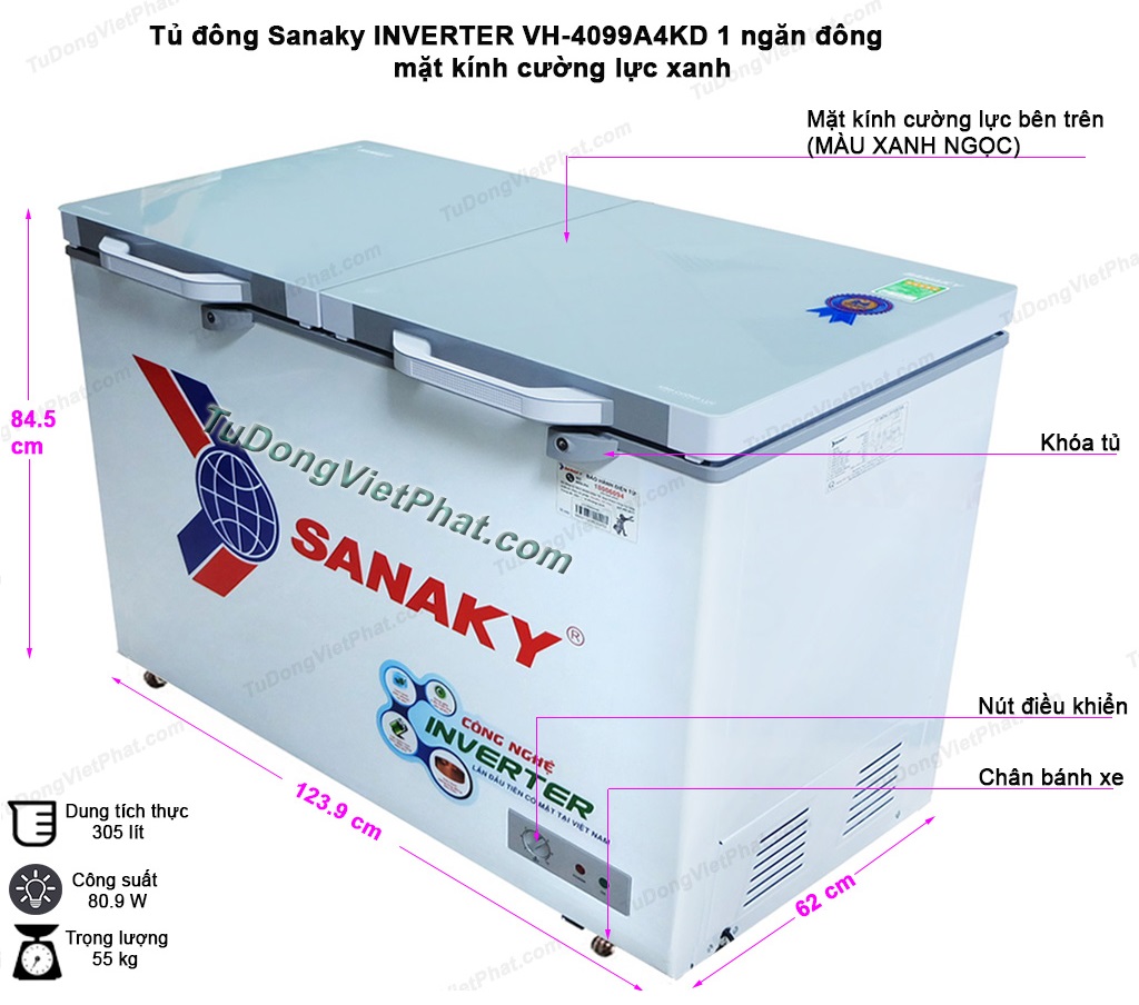 Kích thước tủ đông Sanaky INVERTER VH-4099W4KD mặt kính cường lực Kích thước tủ đông Sanaky INVERTER VH-4099A4KD mặt kính cường lực