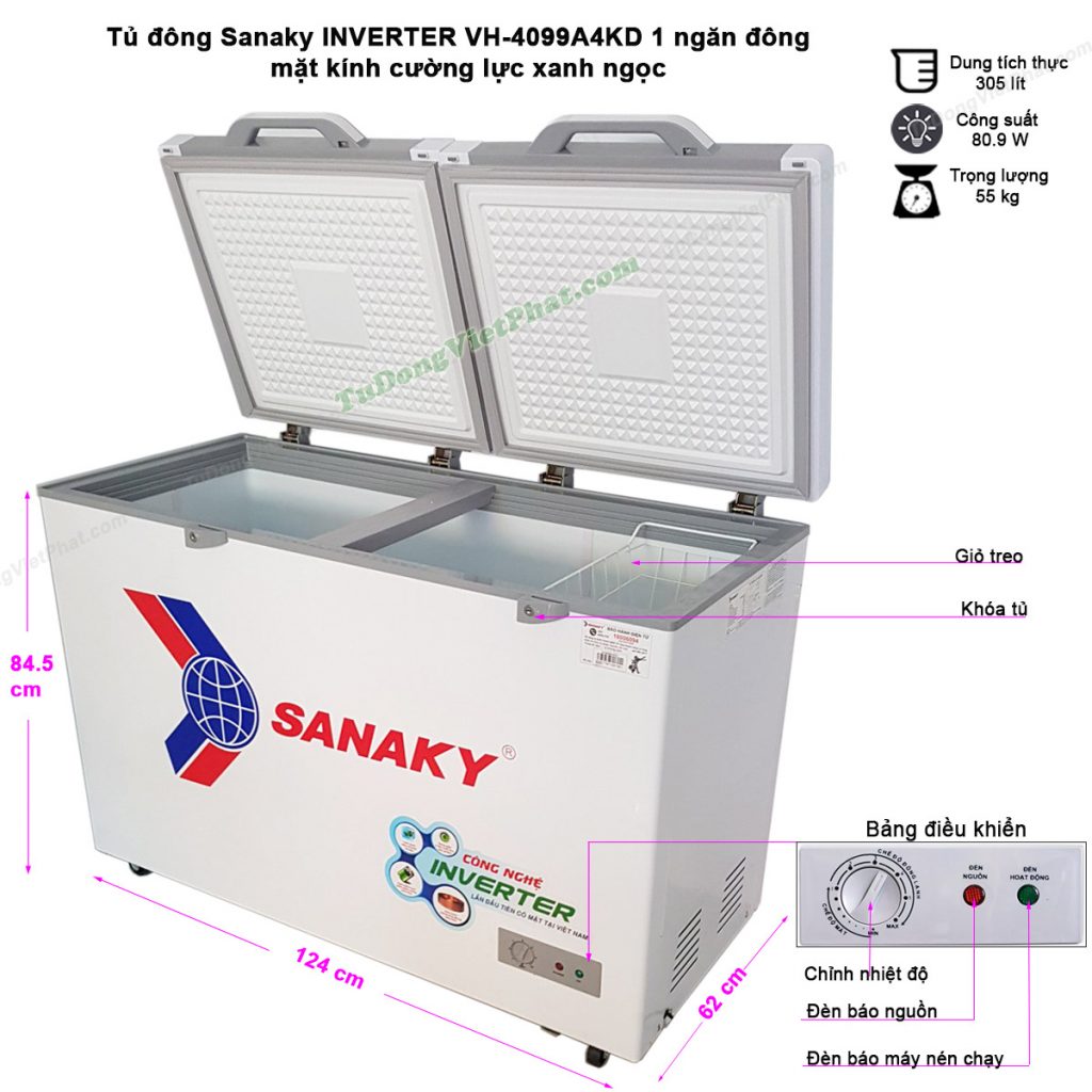 Kích thước tủ đông Sanaky INVERTER VH-4099A4KD mặt kính cường lực xanh