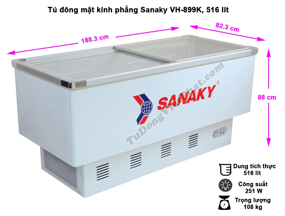 Kích thước tủ đông Sanaky VH-899K mặt kính phẳng 800L