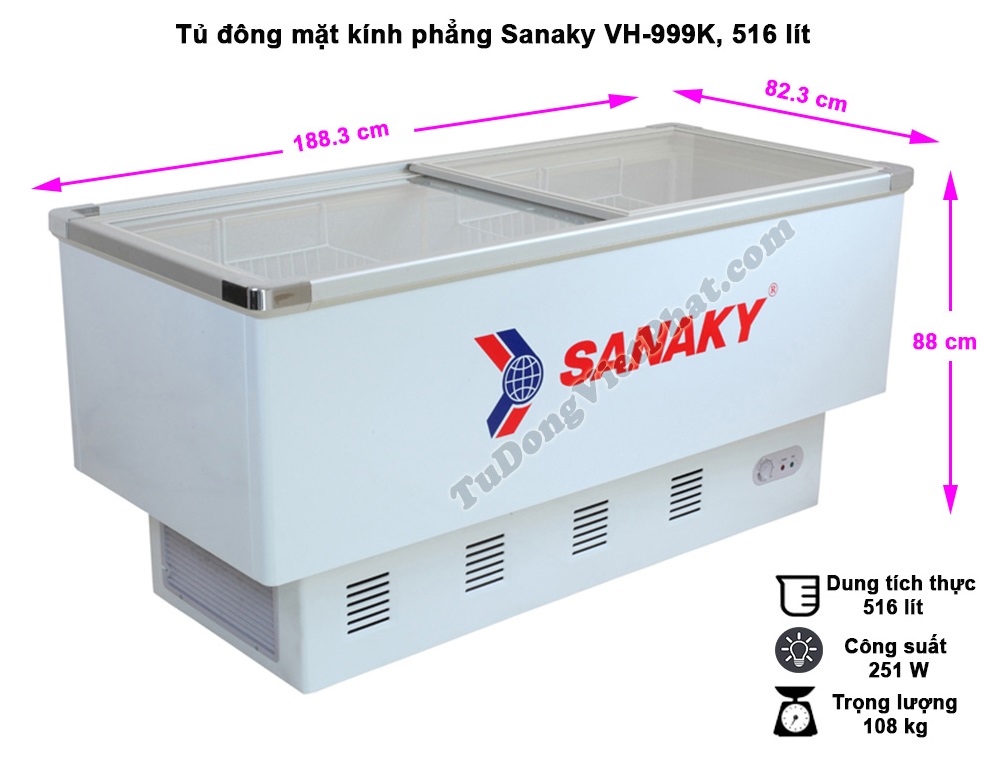 Kích thước tủ đông Sanaky VH-999K mặt kính phẳng 800L