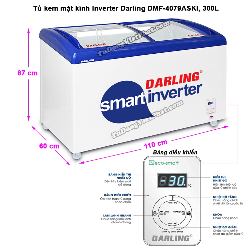 Kích thước của tủ kem mặt kính Inverter Darling DMF-3079ASKI, 300L