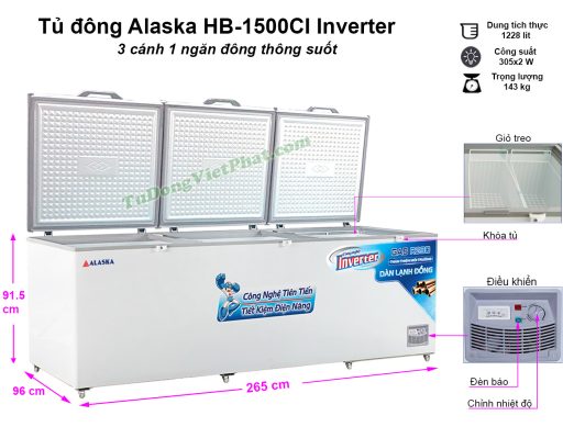 Kích thước tủ đông Alaska HB-1500CI Inverter 1500L 1 ngăn đông 3 cánh