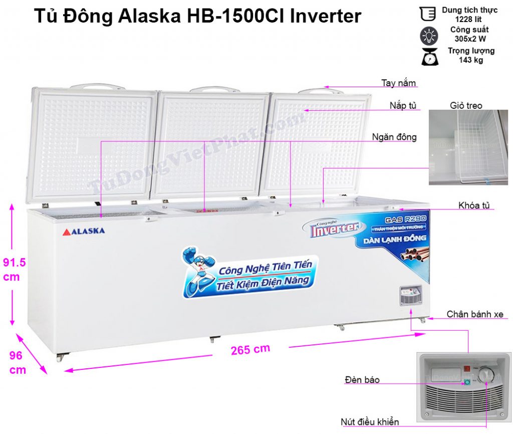 Kích thước tủ đông Alaska HB-1500CI Inverter