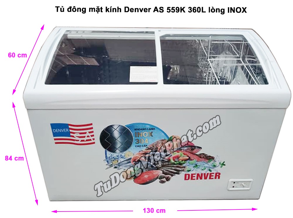 Tủ đông mặt kính Denver AS 559K 360L lòng INOX