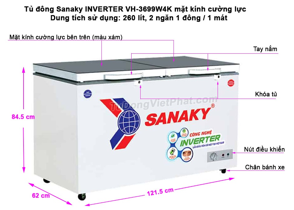 Kích thước tủ đông Sanaky INVERTER VH-3699W4K
