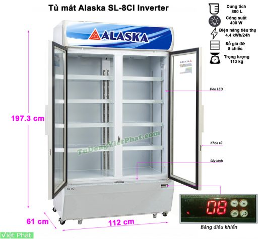 Kích thước tủ mát Alaska Inverter SL-8CI 800 lít 2 cánh