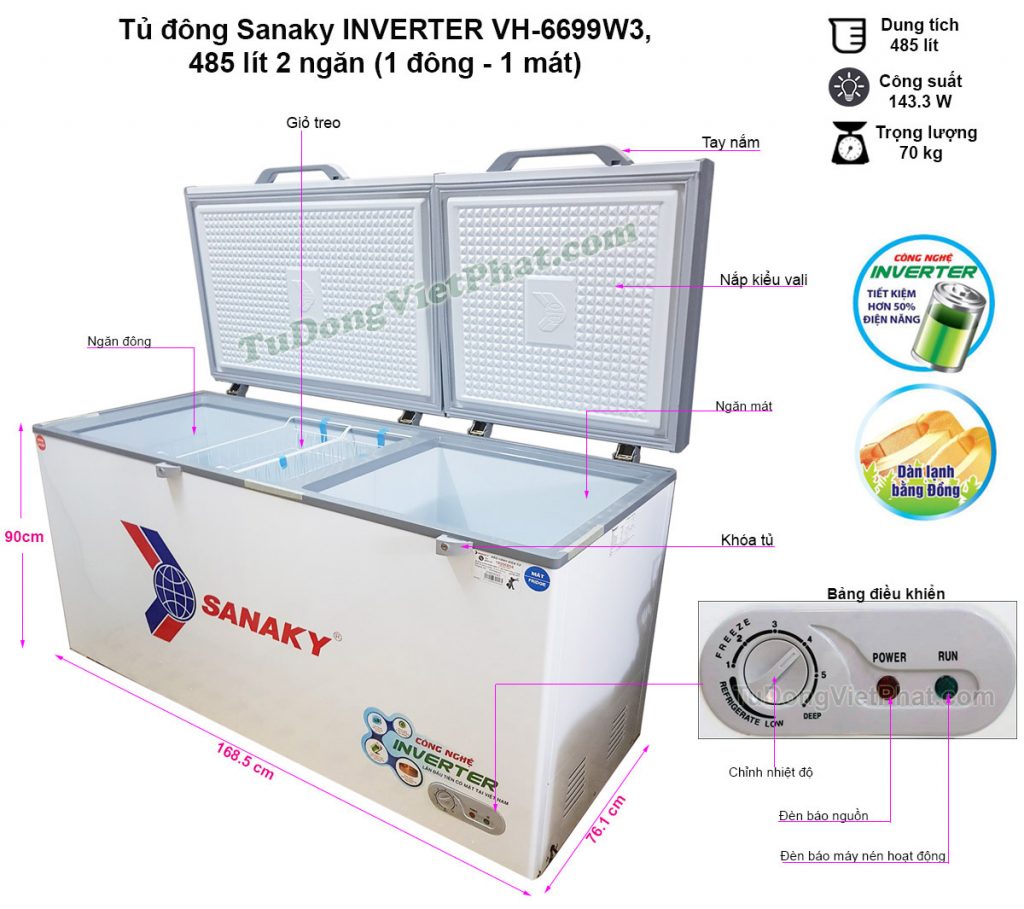 Tủ đông Sanaky VH-6699W3 kích thước 485 lít INVERTER 2 ngăn