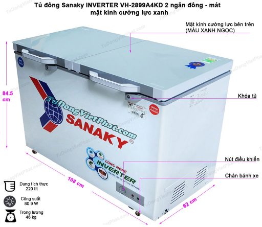 Kích thước tủ đông Sanaky INVERTER VH-2899W4KD