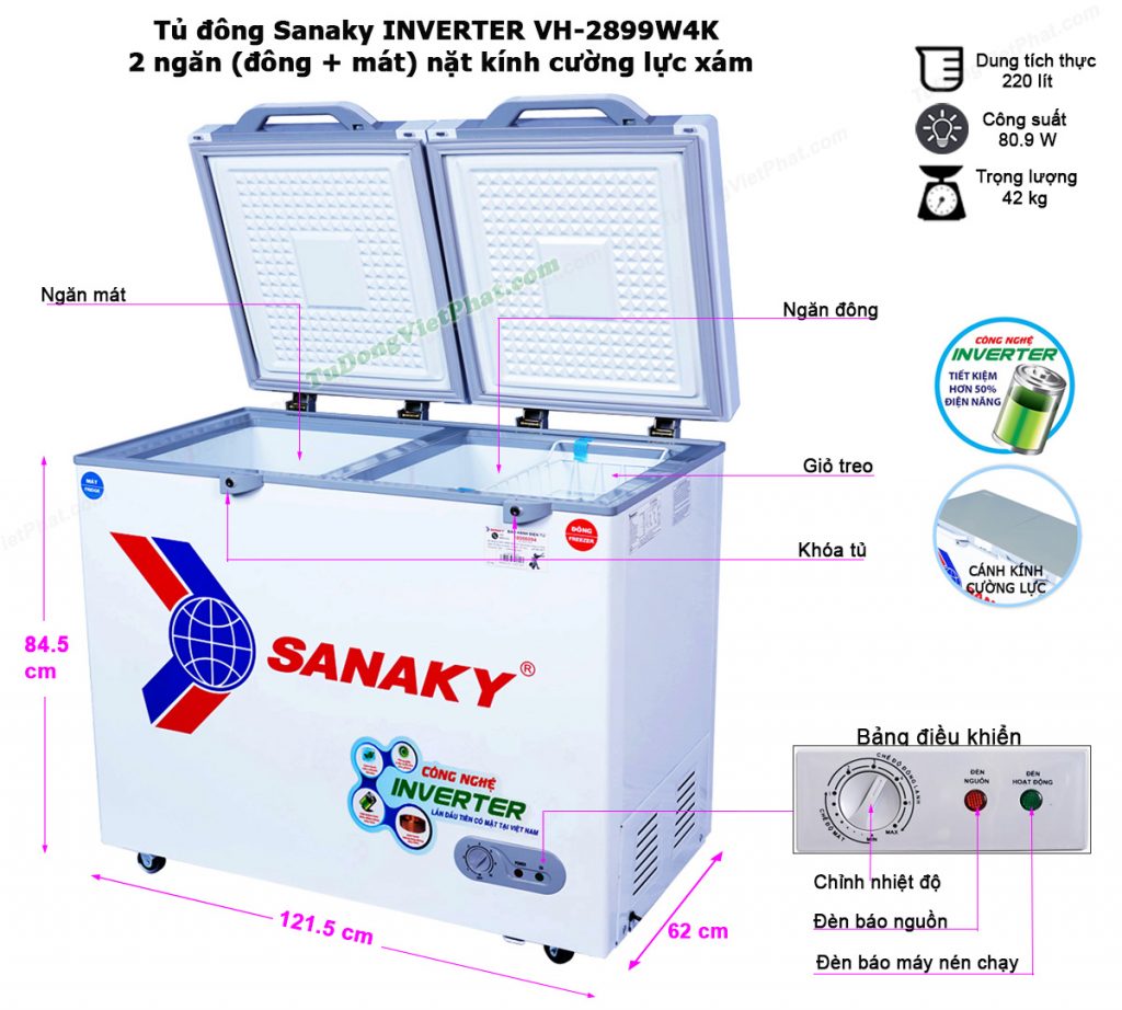 Kích thước tủ đông Sanaky INVERTER VH-2899W4K
