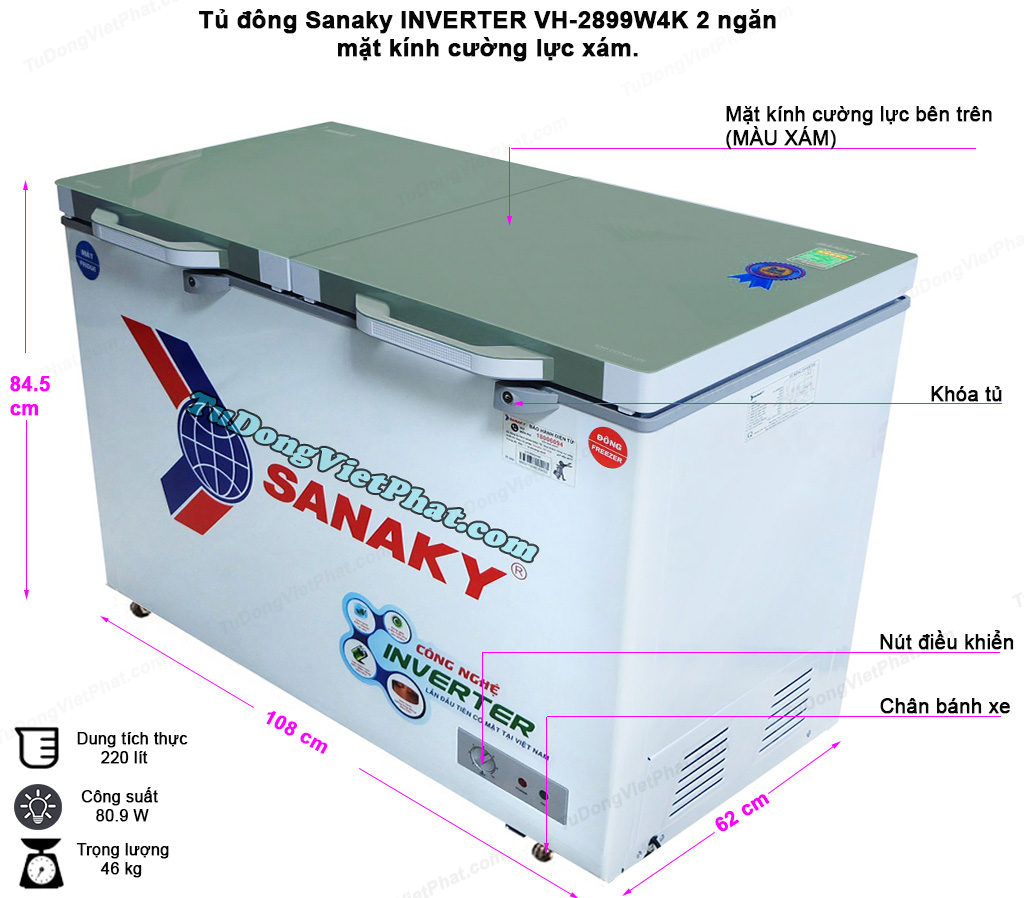 Kích thước tủ đông Sanaky INVERTER VH-4099W4KD mặt kính cường lực Kích thước tủ đông Sanaky INVERTER VH-2899W4K