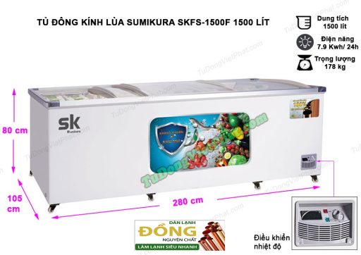 Kích thước tủ đông kính lùa Sumikura SKFS-1500F, 1500 lít