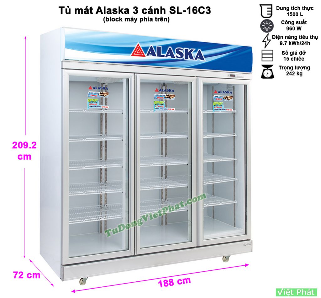 Kích thước tủ mát Alaska SL-16C3 1600 lít 3 cánh