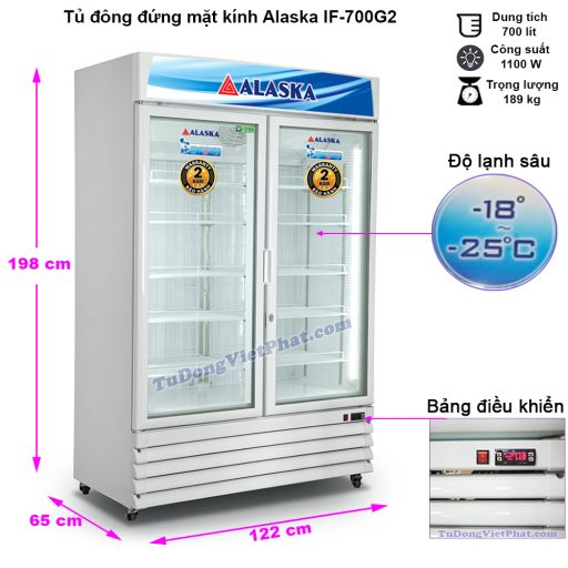 Kích thước tủ đông đứng mặt kính Alaska IF-700G2, 700 lít
