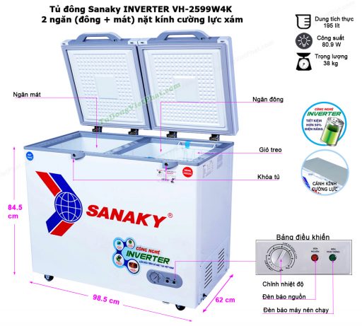 Kích thước tủ đông Sanaky INVERTER VH-2599W4K