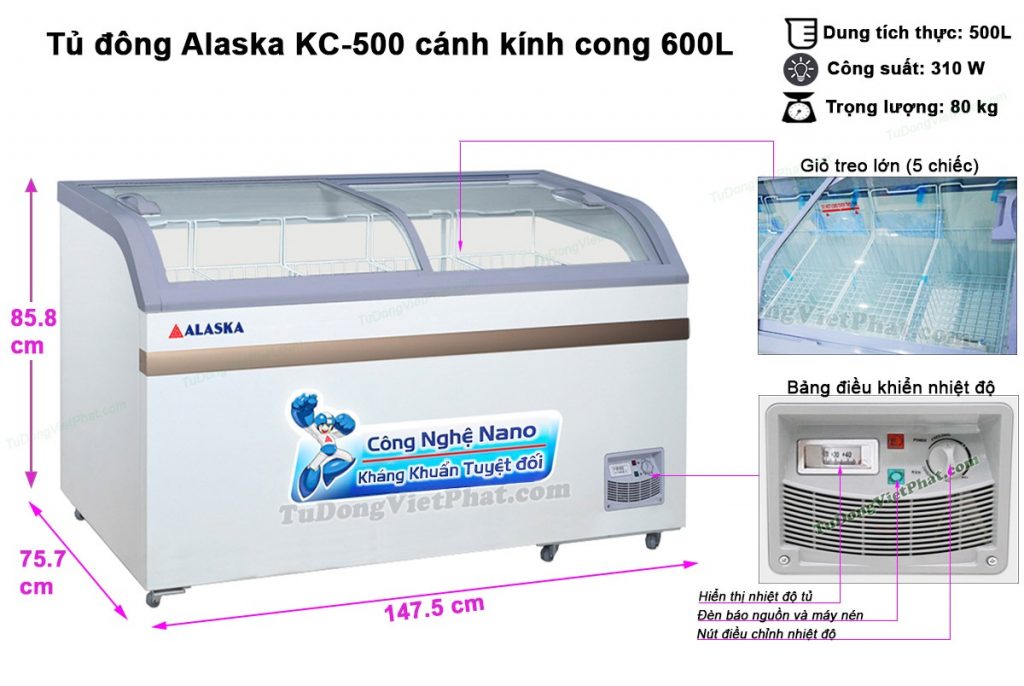 Kích thước tủ đông Alaska KC-500 mặt kính cong 600 lít