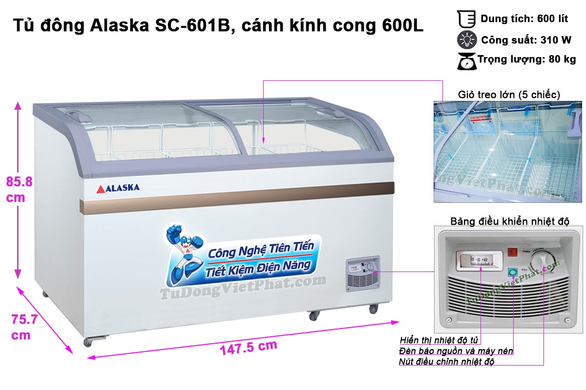 Tủ đông Alaska SC-601B mặt kính cong 600 lít - Giá rẻ nhất T12/2020