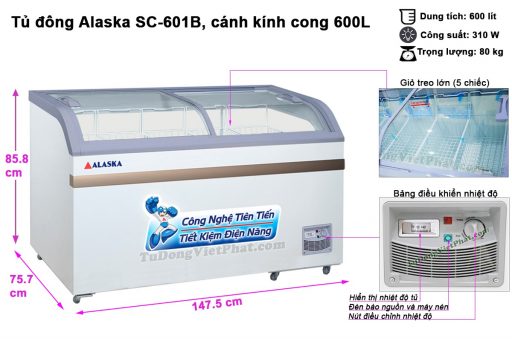 Kích thước Bảng điều khiển tủ đông Alaska SC-601B mặt kính cong 600 lít